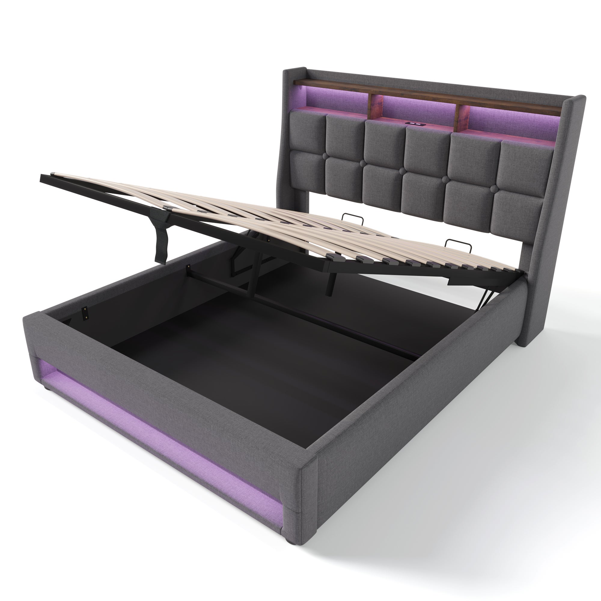 Cama con almacenaje de lino 160x200cm con LED y puertos USB - somier - gris - 5