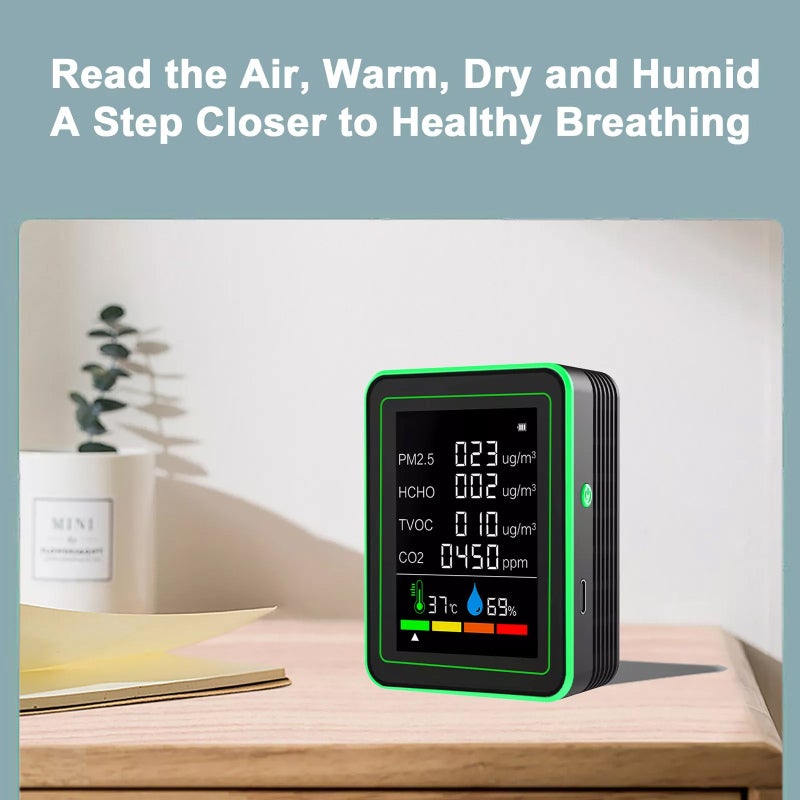 Monitor de calidad del aire 6 en 1, medidor de CO2, PM2.5, PM10, HCHO, TVOC, CO, detector de formaldehído con pantalla LCD y analizador de gases - 8