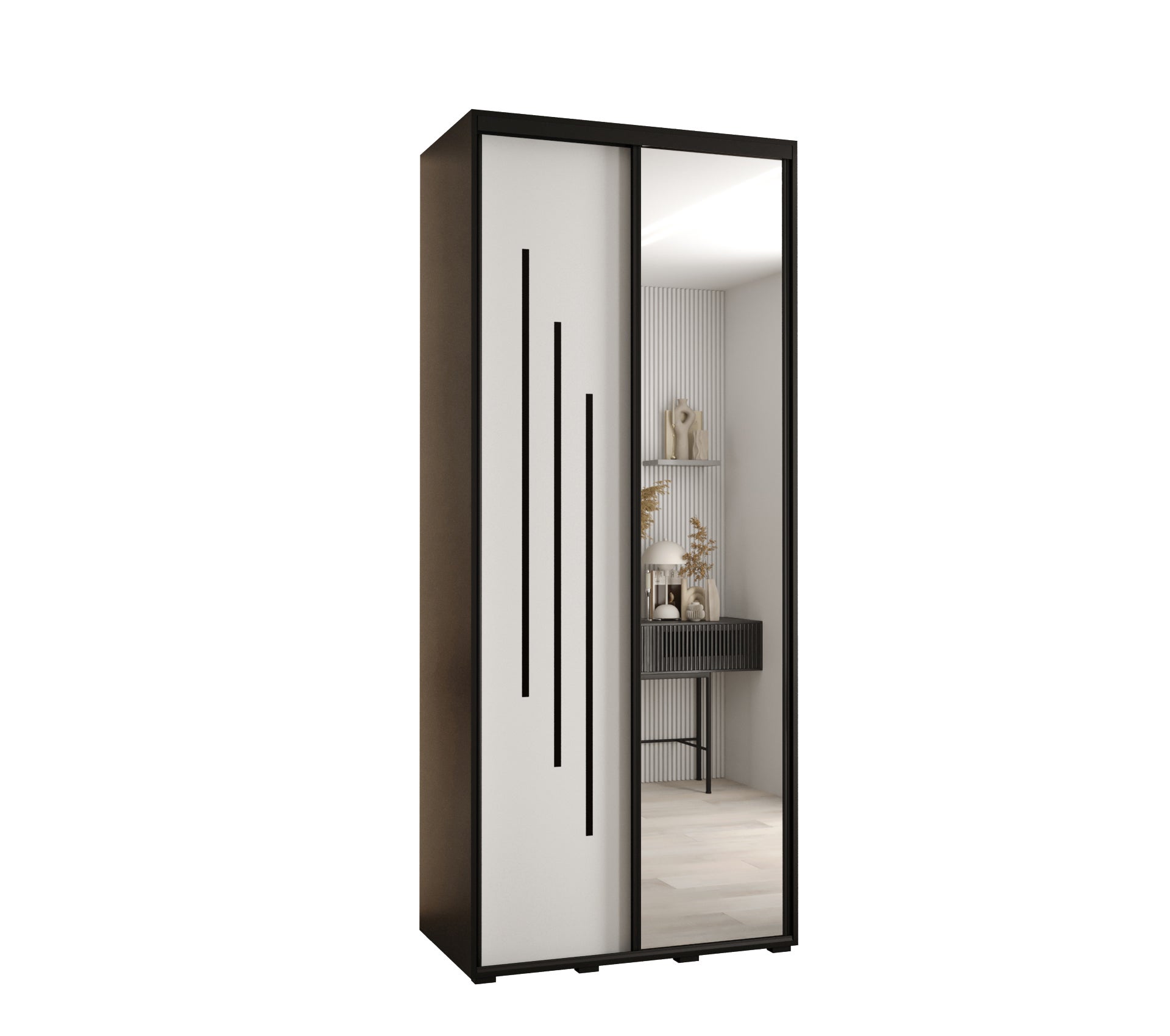 Szafa przesuwna z lustrem wysoka Davos 9 110 x 45 x 235,2 cm czarny + biały + u. czarny - Abiks Meble