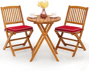 Salon de Jardin Exterieur 2 Personnes, Table Bistrot en Bois Acacia avec 2 Chaises 2 Coussins Amovibles, Pliante pour Terrasse, Cours(Rouge)