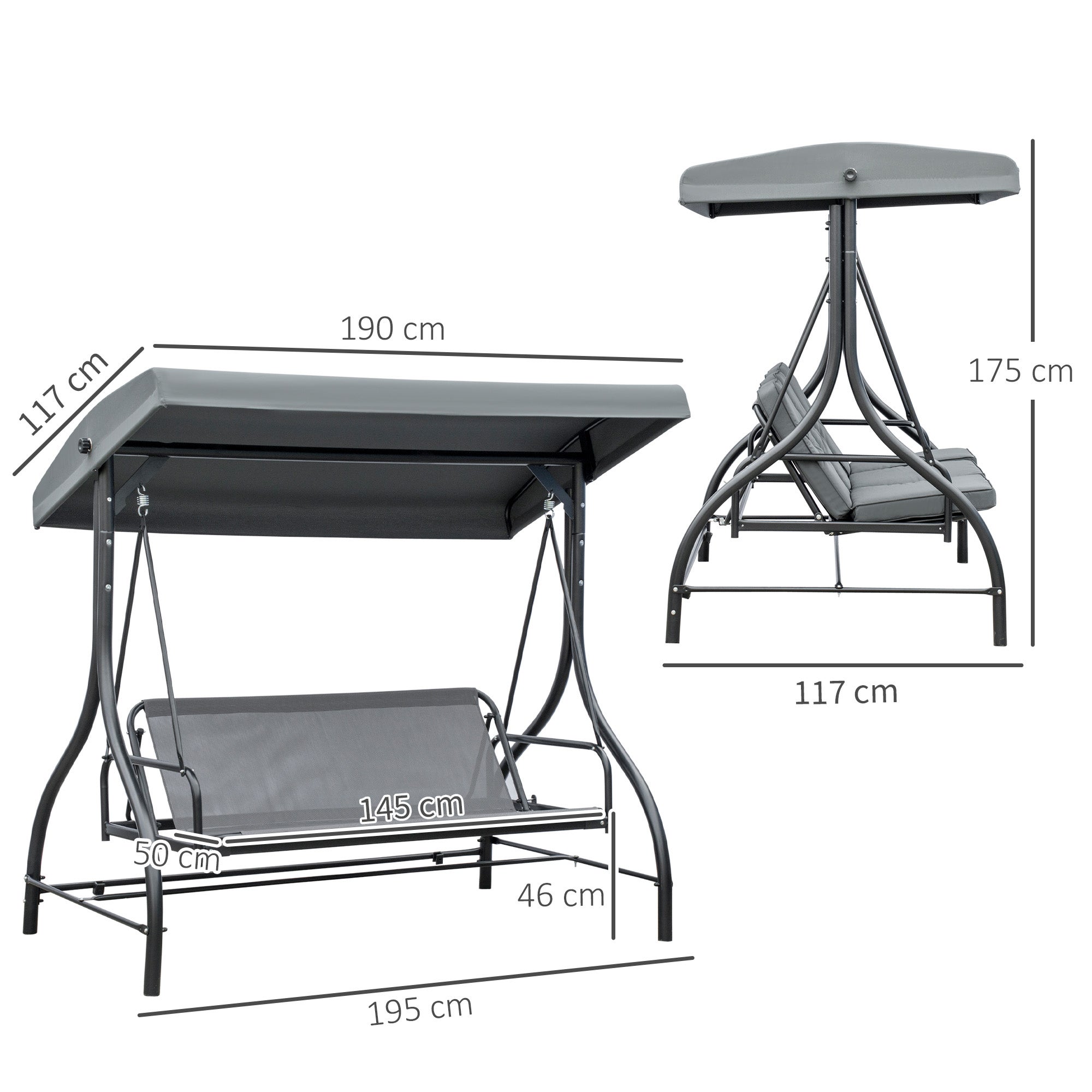 Balancelle jardin 3 places convertible inclinaison toit réglable matelas grand confort rembourrage 7 cm fourni - 5