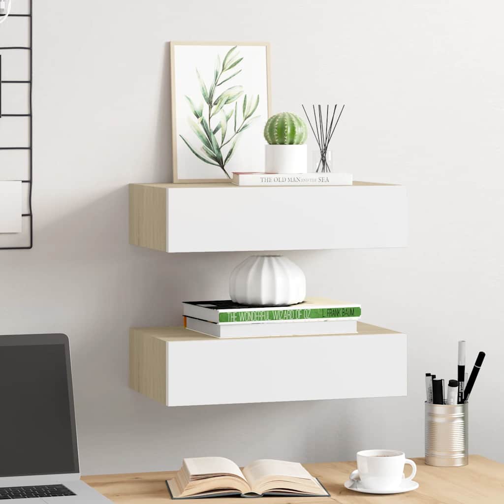 vidaXL Étagères à tiroir murales 2 pcs Chêne et blanc 40x23,5x10cm MDF - 3