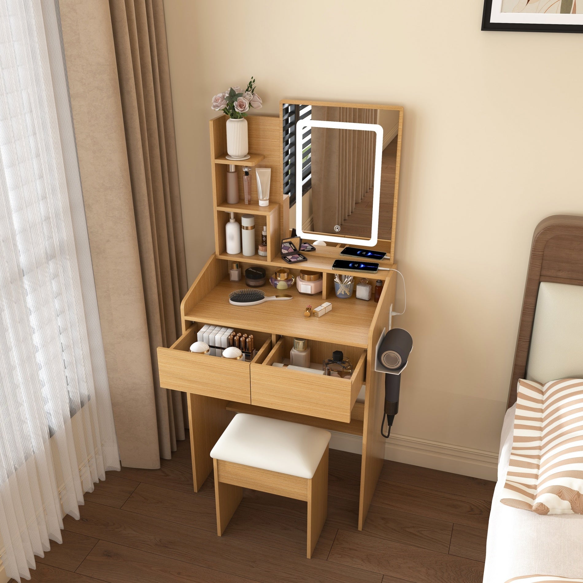 Coiffeuse avec miroir éclairé par LED, support pour sèche-cheveux et tabouret rembourré – Table compacte,L60 × H130 × P36 cm, finition bois naturel - 4