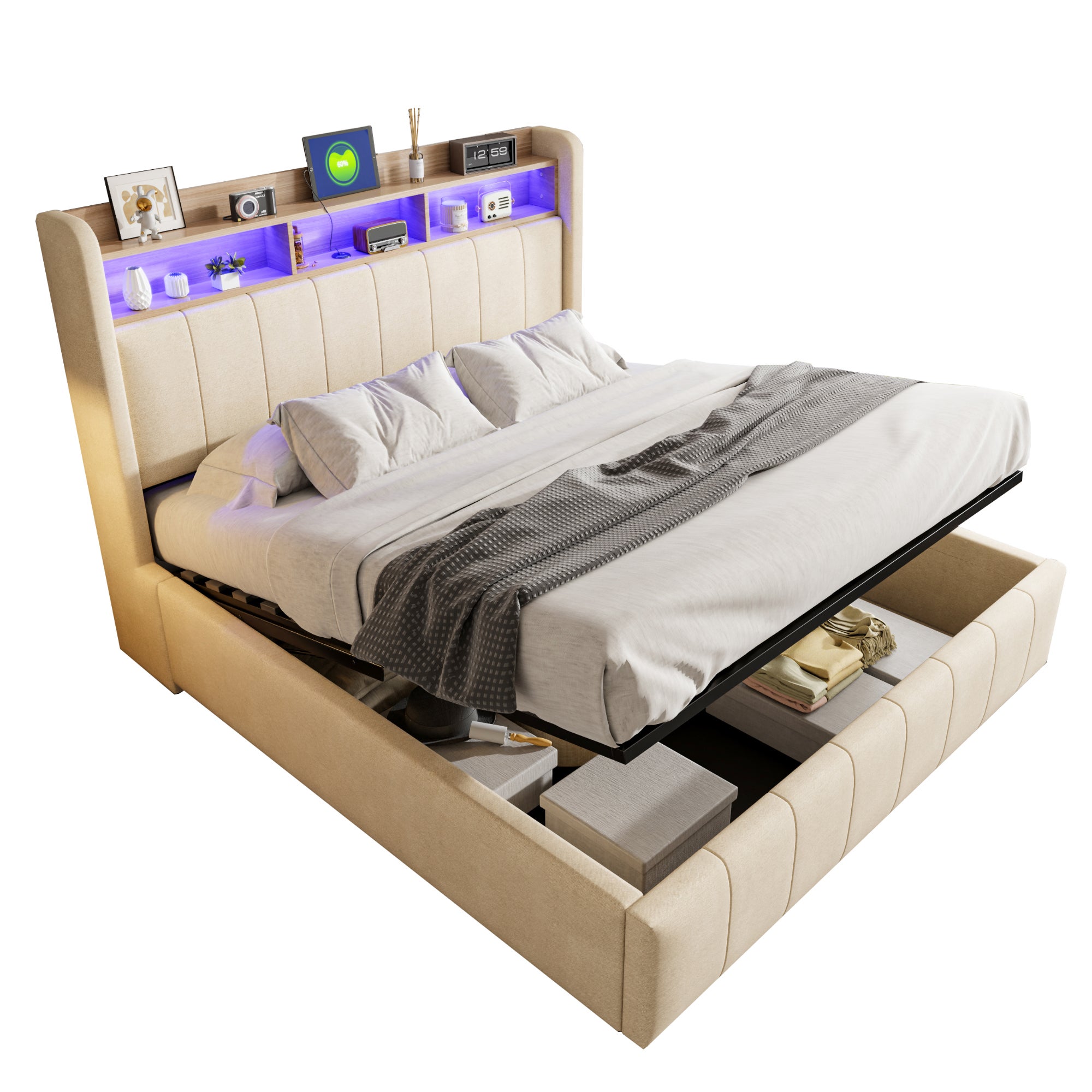Lit coffre Lit double 160x200 cm avec LED, ports USB, tête de lit avec rangement, lin beige, sans matelas - 3