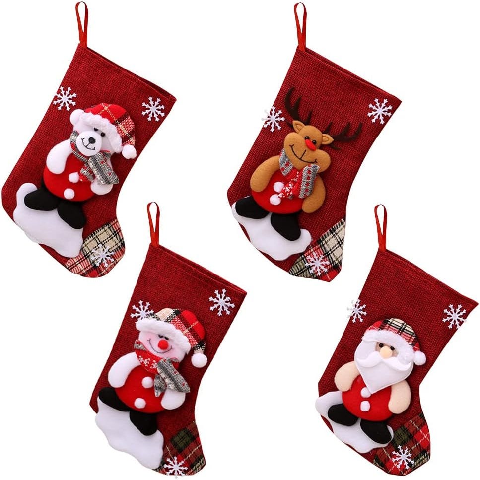 4 Chaussettes De Noël Suspendues - Motifs 3D (Père Noël, Renne, Bonhomme De Neige) - 22 Cm, Lin épais - Décoration