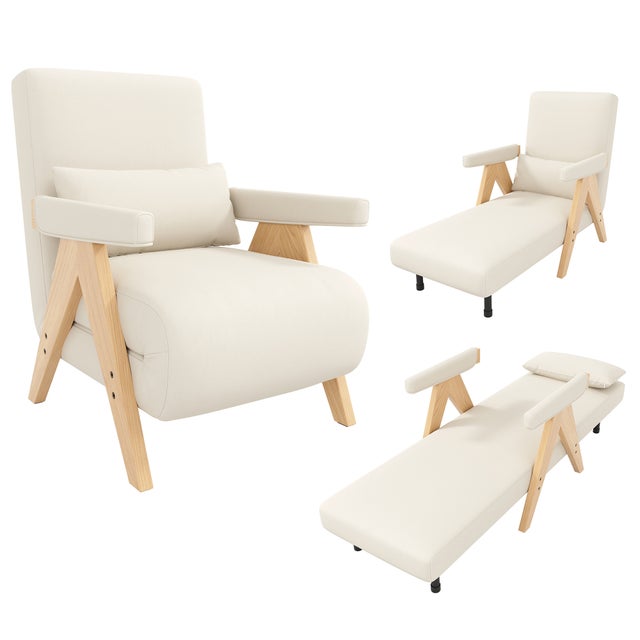 Fauteuil convertible 1 place, Chauffeuse 4-en-1 Dossier Réglable 6 Position, Canapé-Lit - 64 x 60 x 87 cm - Tissu en lin - Beige