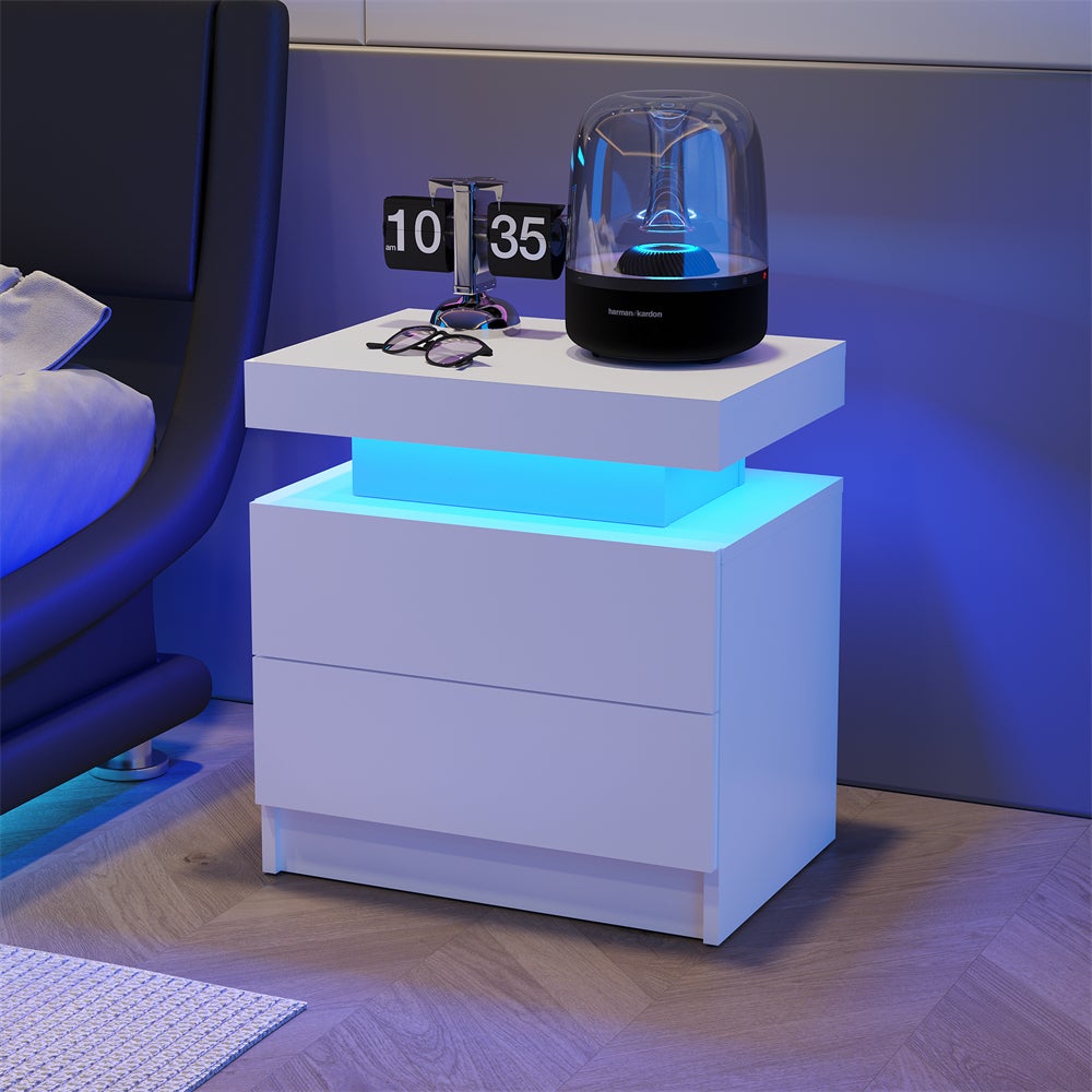 Nowoczesna szafka nocna LED – 2 szuflady, regulowane oświetlenie RGB do sypialni i salonu