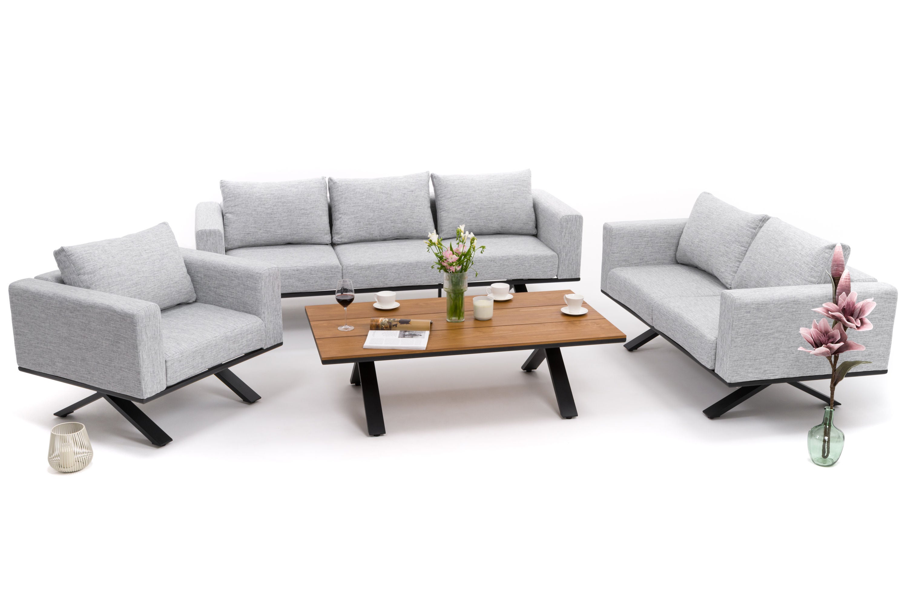 Zestaw mebli ogrodowych fotel sofa kanapa aluminiowy z blatem z naturalnego drewna HPL MARABELLA szaro drewniany