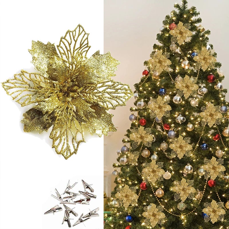 Zestaw 20 ozdób bożonarodzeniowych, sztuczne, brokatowe kwiaty bożonarodzeniowe ze spinaczami, dekoracje na choinkę, wieniec bożonarodzeniowy, φ16 cm