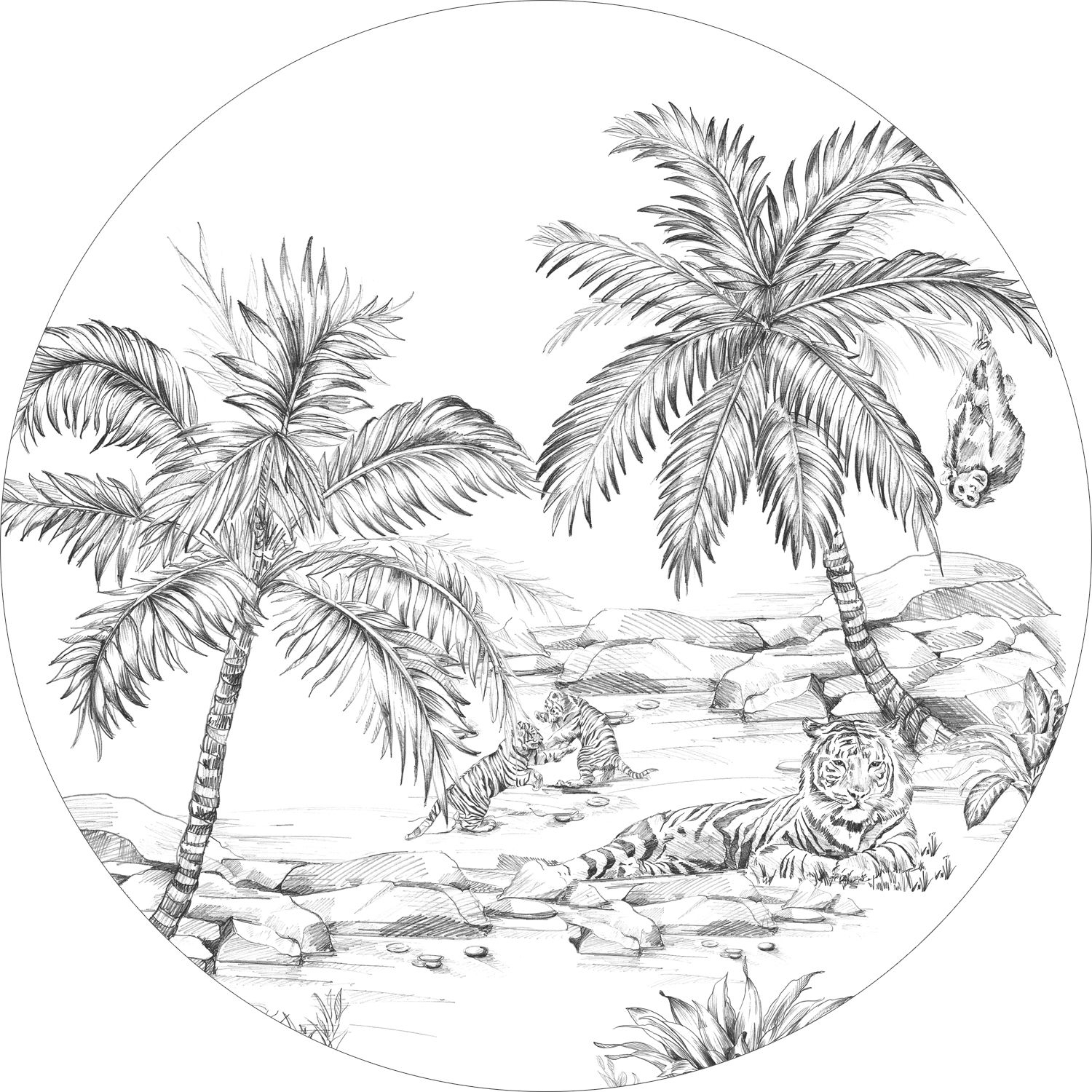Mural redondo autoadhesivo dibujo a la pluma de safari blanco y negro - ø 70 cm - estahome
