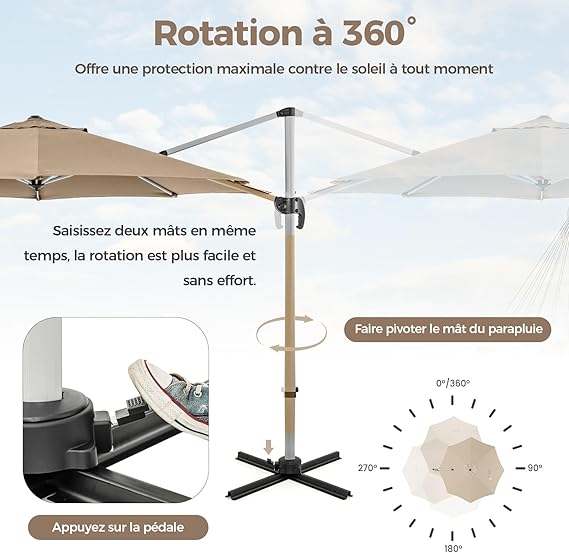 Parasol Déporté Φ339CM, Parasol de Jardin Rond Inclinable avec Base en Croix, 5 Angles et Hauteurs Réglables, Manivelle et Double Toit, Beige - 5