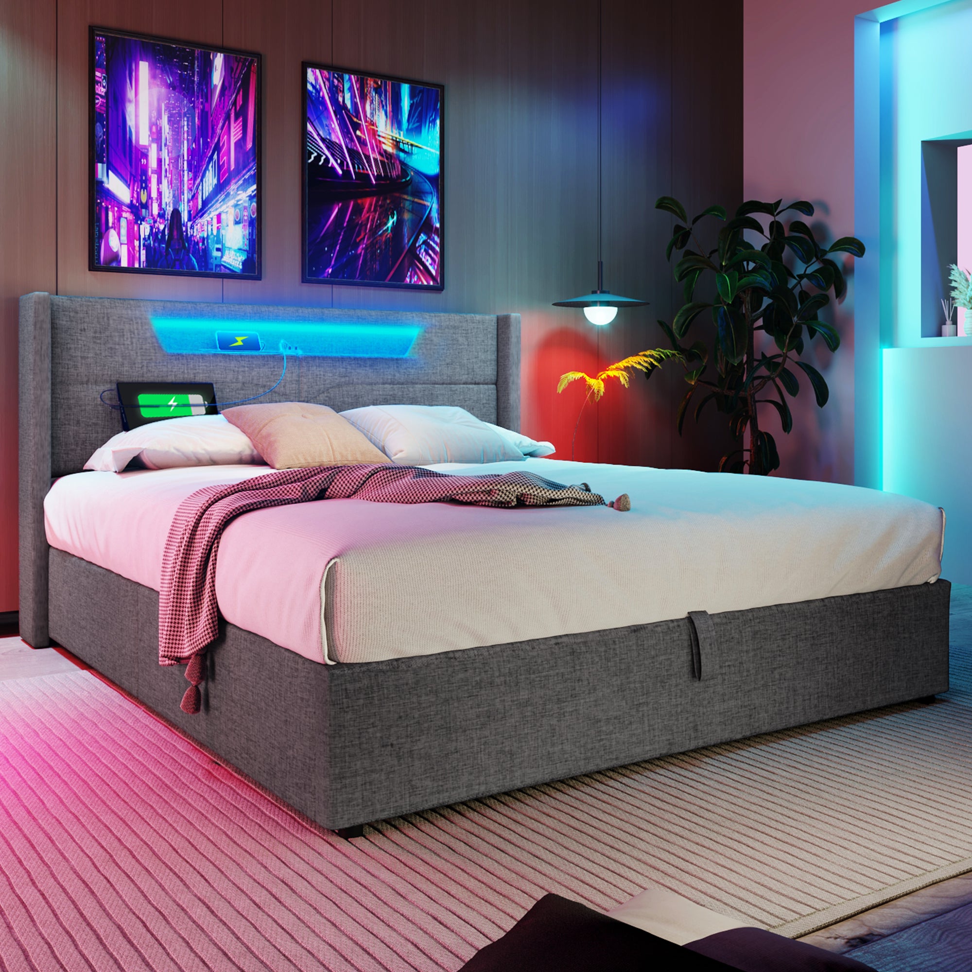 Łóżko tapicerowane 160x200cm z tkaniny lnianej - z LED i portami ładowania - z stelażem na listwy - Szare - 2