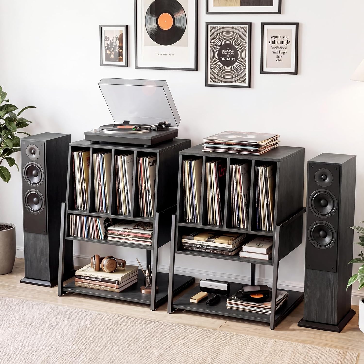 Meuble Platine Vinyle jusqu'à 180 Vinyle, 4 roulettes Inclus, Étagères, 5 Compartiments, Support Tourne Disque pour Albums, Manga, Livres, Noir - 9