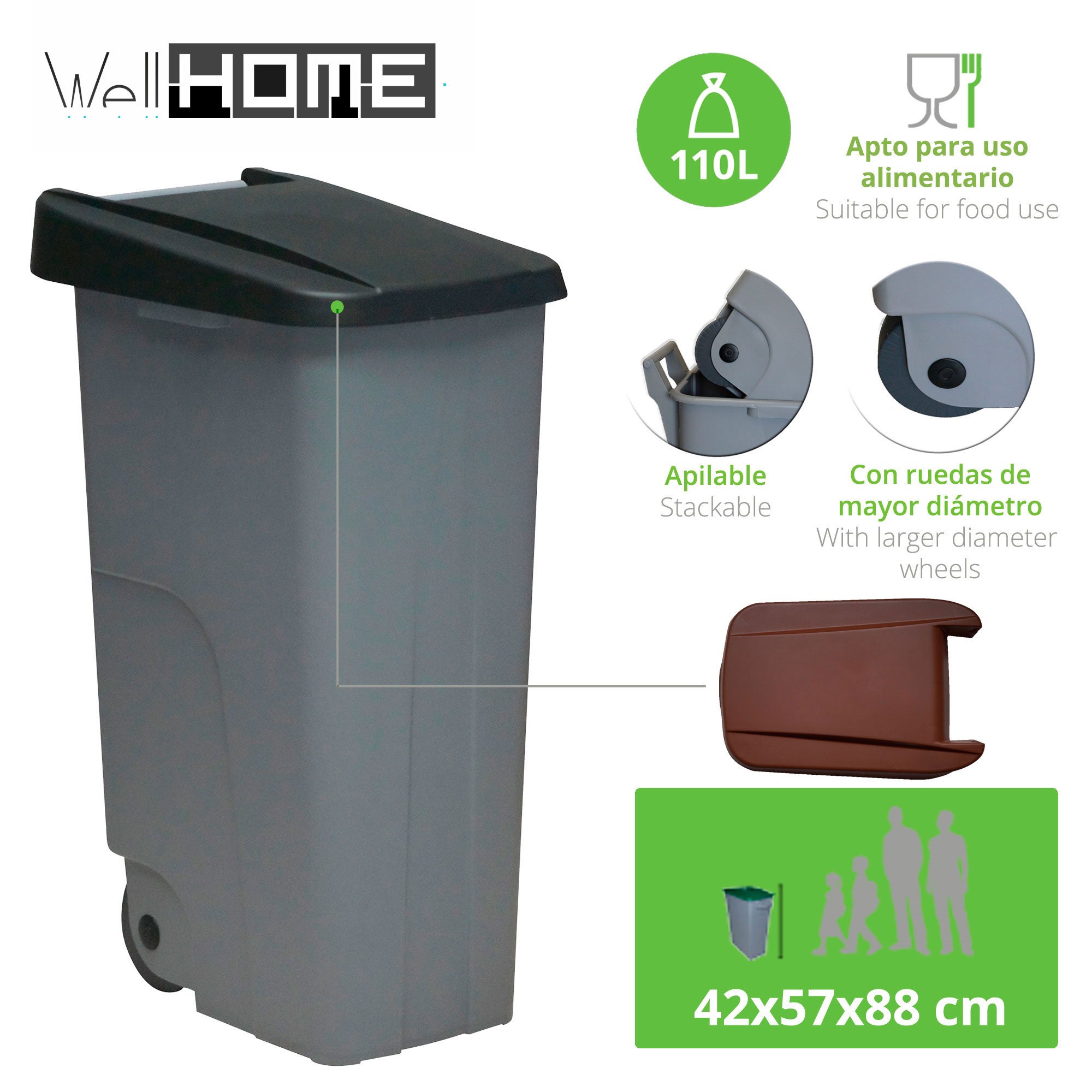 WELLHOME Set di 2 contenitori per il riciclaggio dei rifiuti 110 litri blu e nero 42x57x88 cm - 3