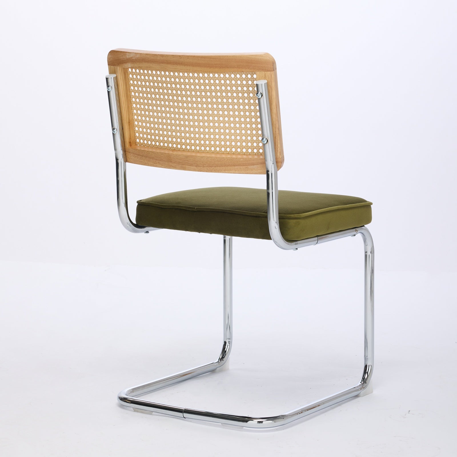 Ensemble de 2 chaises salle à manger milieu du siècle, velours, dossier canne naturelle, base inox chromée, style Breuer, rotin, vert olive, DE1851OL - 5