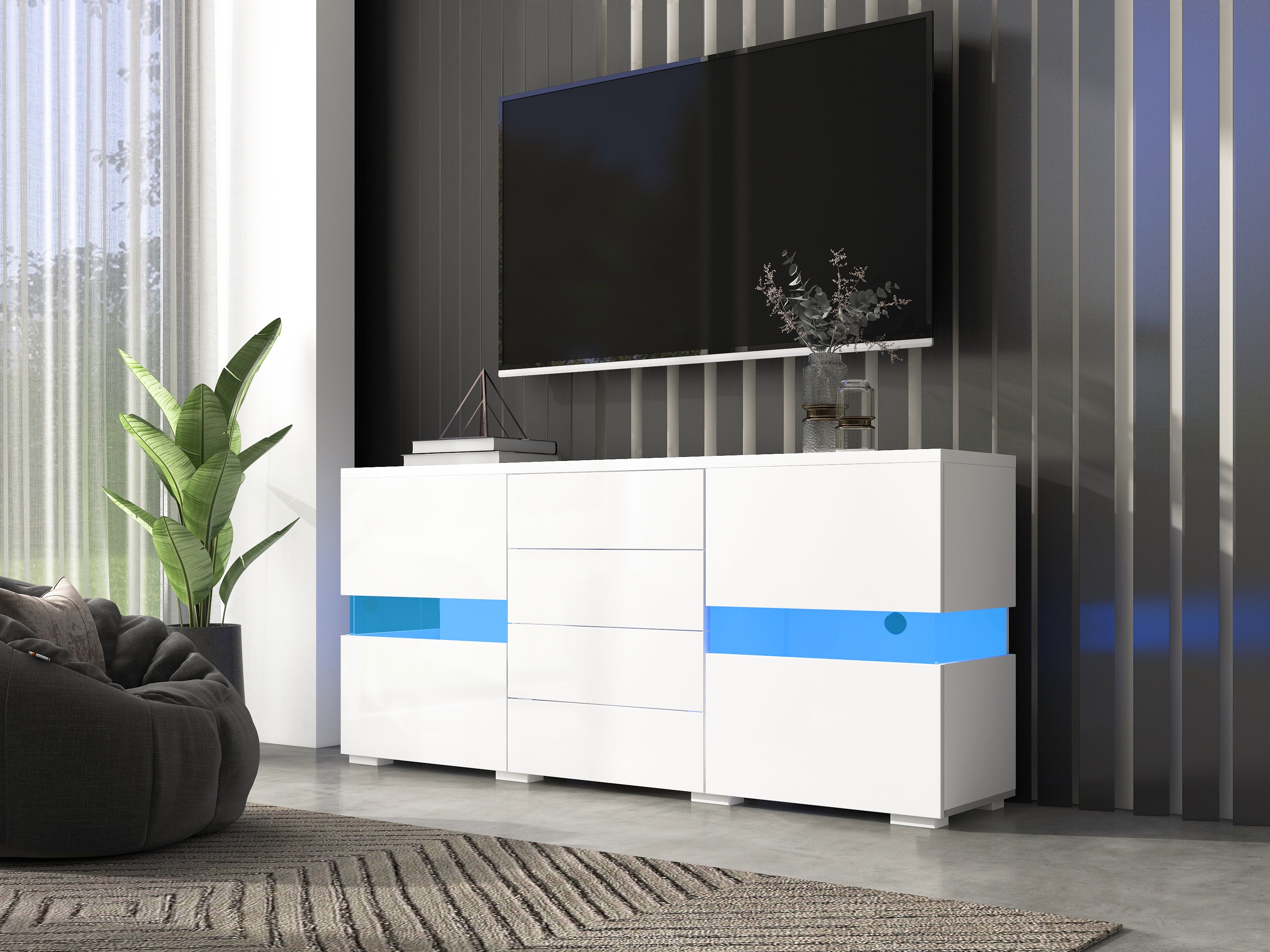 Komoda niska z 4 szufladami i 2 drzwiami - 145 x 35 x 72 cm - LED - do jadalni lub salonu - MDF - biała - 3