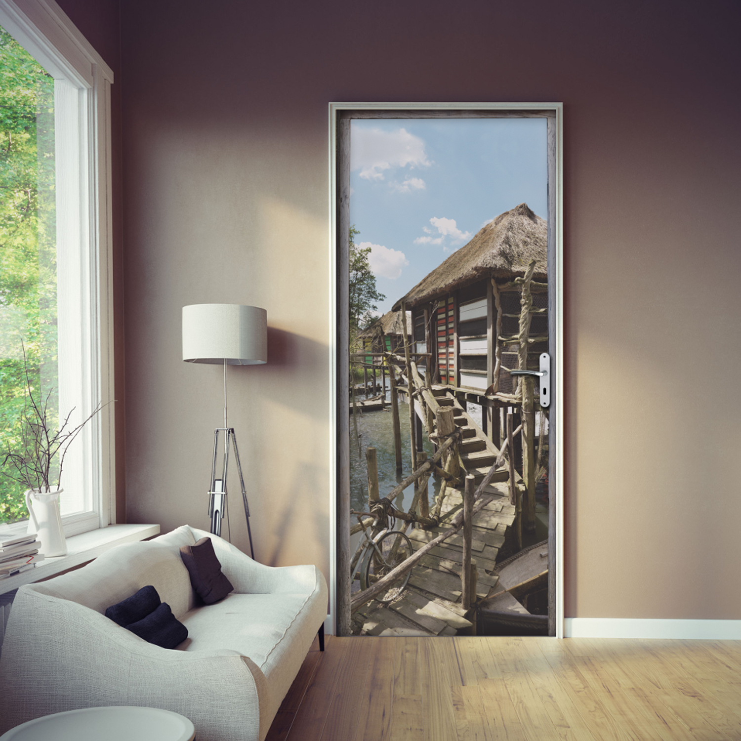 Pegatina decorativa de la puerta, vista de una casa sobre zancos, 83 cm x 204 cm