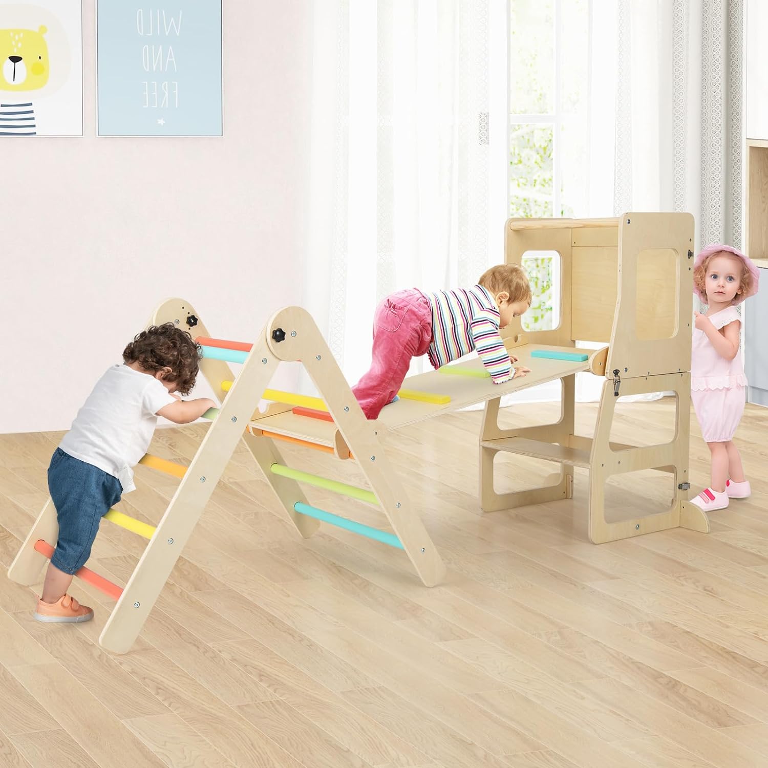 7 en 1 Triangle d'escalade Montessori avec Rampe Réversible, en Bois avec Tableau Noir, Table et Chaise, Charge 60kg (Multicolore) - 9