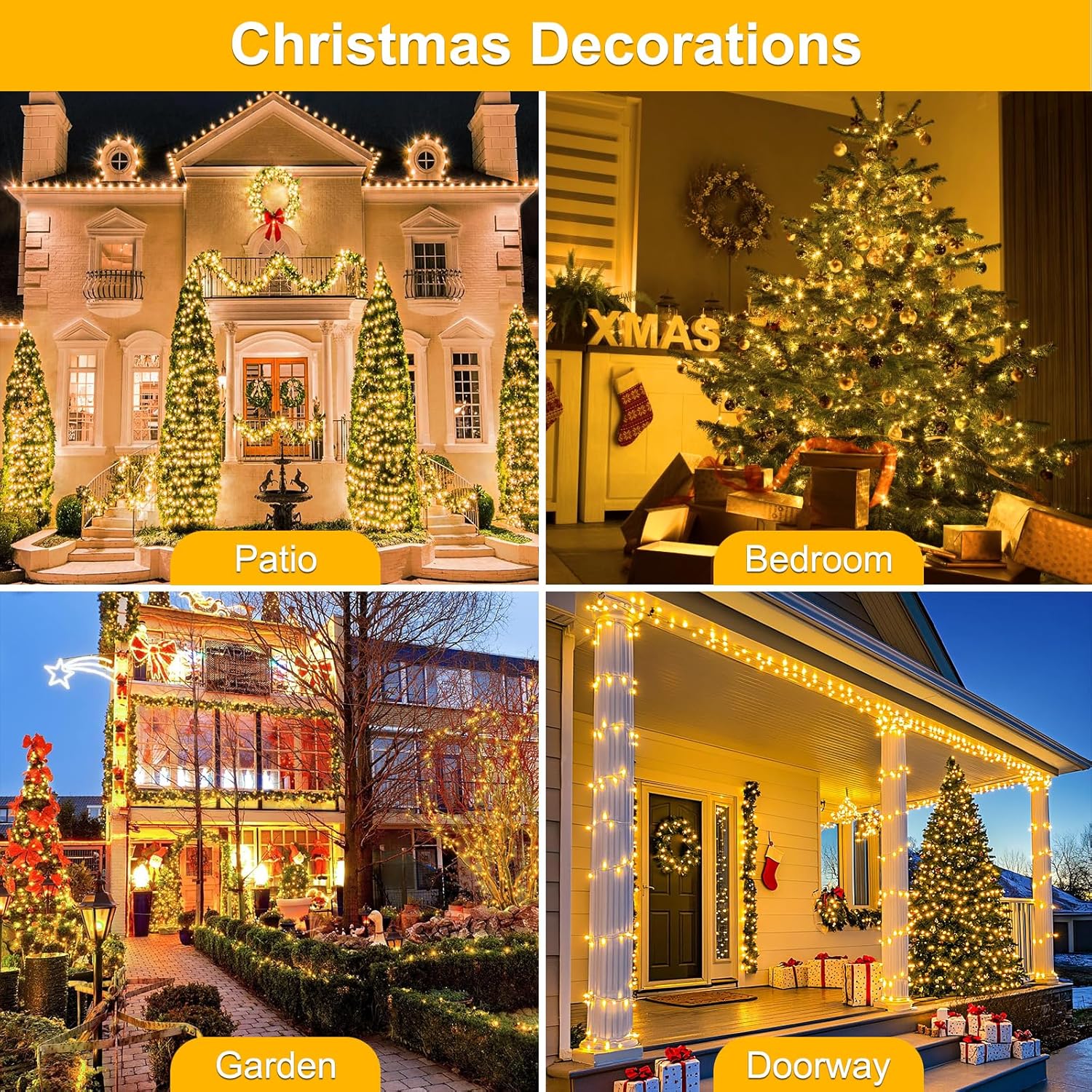 Guirlande Lumineuse Noël Étanche - Extension 10m, 80 Lumières Blanc Chaud - Alimentation Piles et USB - Pour Décoration Jardin Extérieur - 5