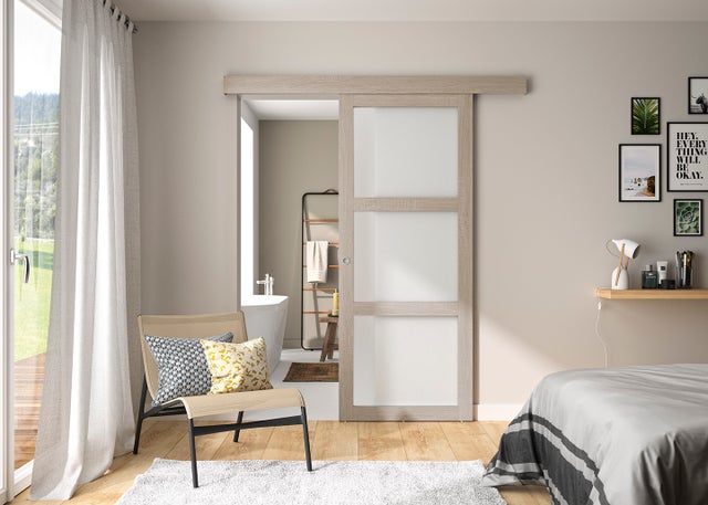 Kit porte coulissante 3 carreaux Vérone décor chêne taupe + rail 2 amortisseurs + cache rail décor assorti - H 204 cm x L 83 cm