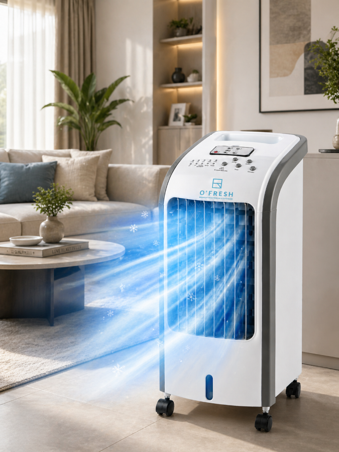 O'FRESH - Rafraichisseur d'air intérieur - 3 vitesses - Télécommande - Rafraichit 20 m² - Autonomie 8H - Silencieux - 2