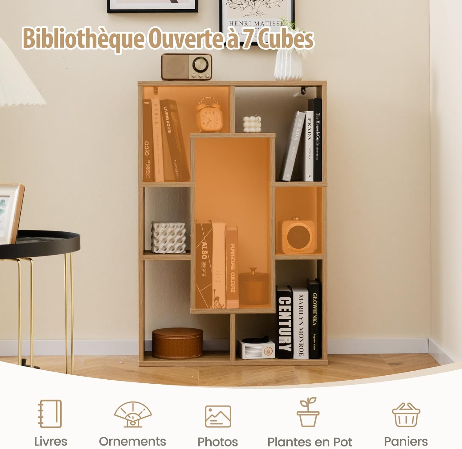 Bibliothèque, Étagère à 7 Compartiments Ouvertes, Bibliothèque de Cloison,20 x 60 x 90 cm (Naturel) - 2