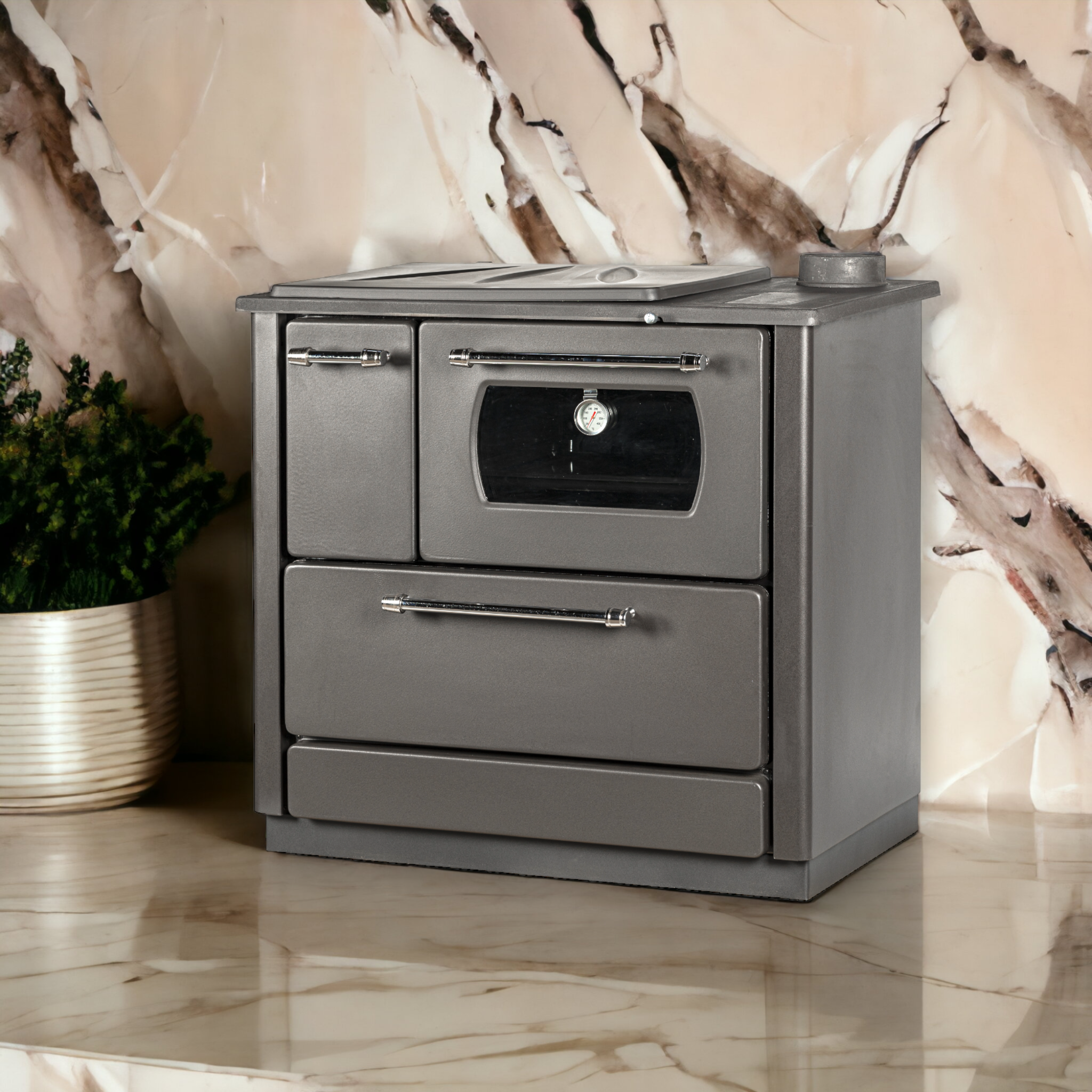 Stufa cucina riscaldamento a legna con forno struttura in acciaio 9,06 kW Popular - Beige - 2