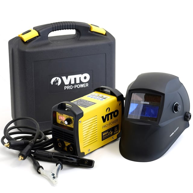 Poste à souder inverter 140 Ampères + Cagoule LCD 9/13 + Lot 12 électrodes Acier Ø 2.5mm gants de soudure VITO