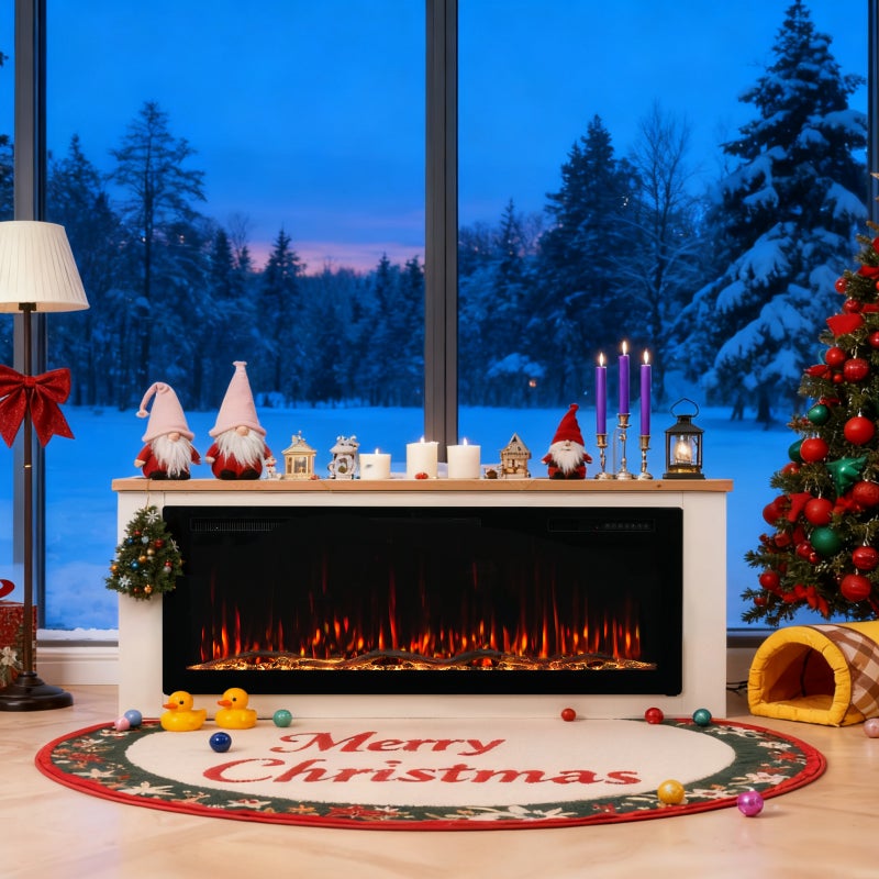 HOMAVO 50" Kominek Elektryczny z Meblem, 1000/2000W, Sterowanie Aplikacją, 12 Kolorów Płomienia 3D, Wymiary: 150 x 30 x 60 cm