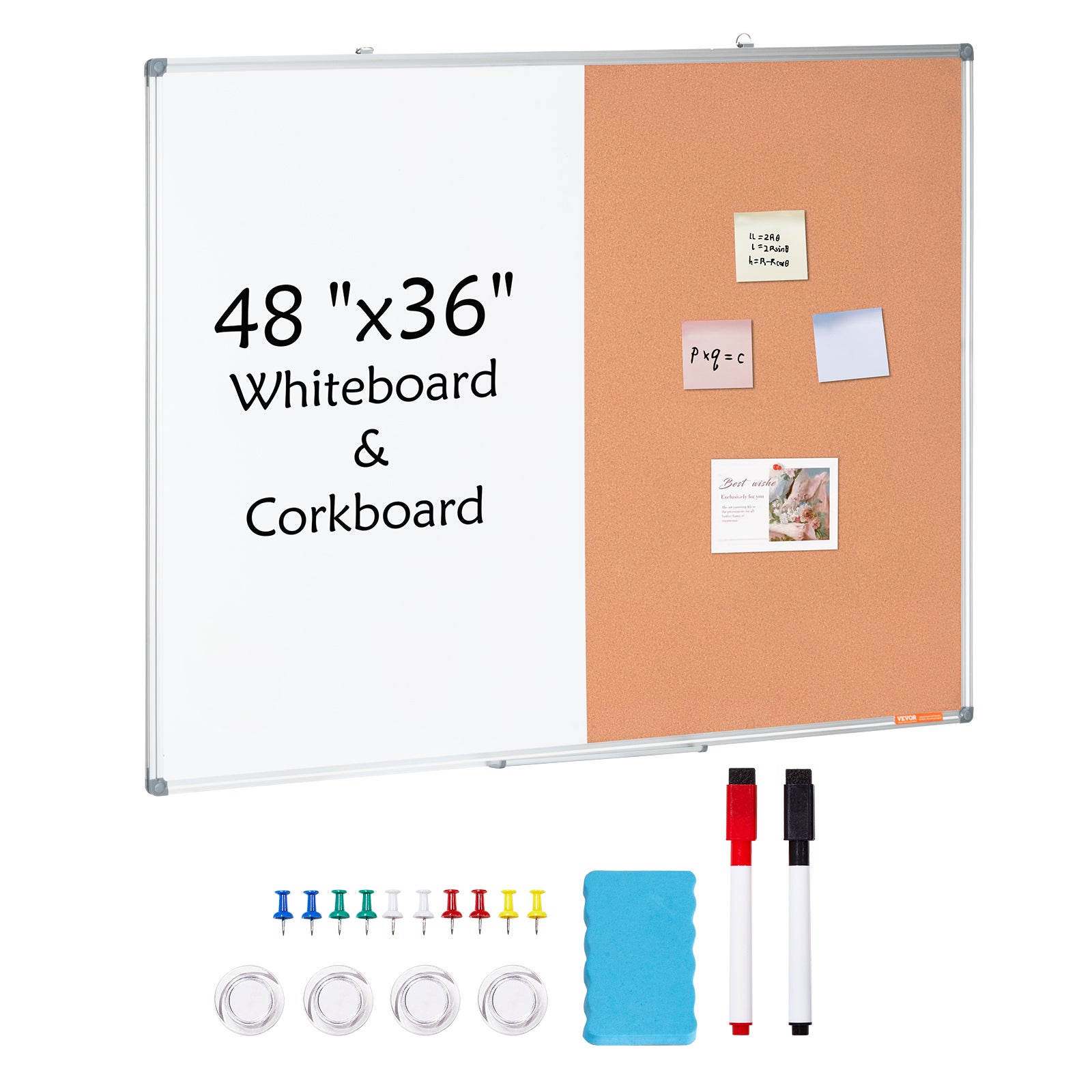 Vevor juego pizarra blanca y tablero corcho de 48 x 36, marco de aluminio, tablero de anuncios magnético de borrado en seco 2 en 1, montaje en pared
