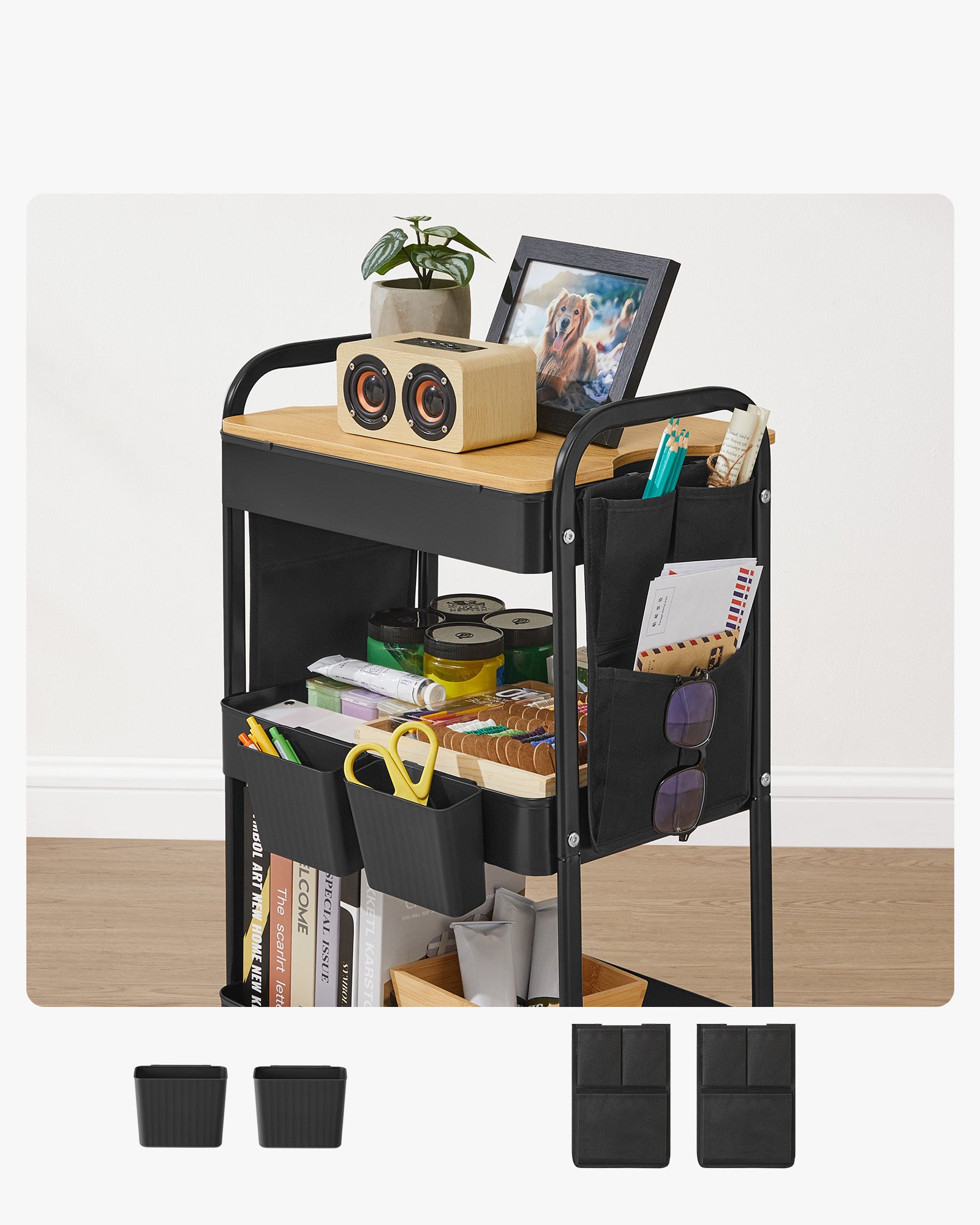 Chariot de Rangement à 3 Niveaux, Chariot Roulant avec Table Supérieure, 2 Pots Amovibles, 6 Poches Latérales, Noir d’Encre - 5