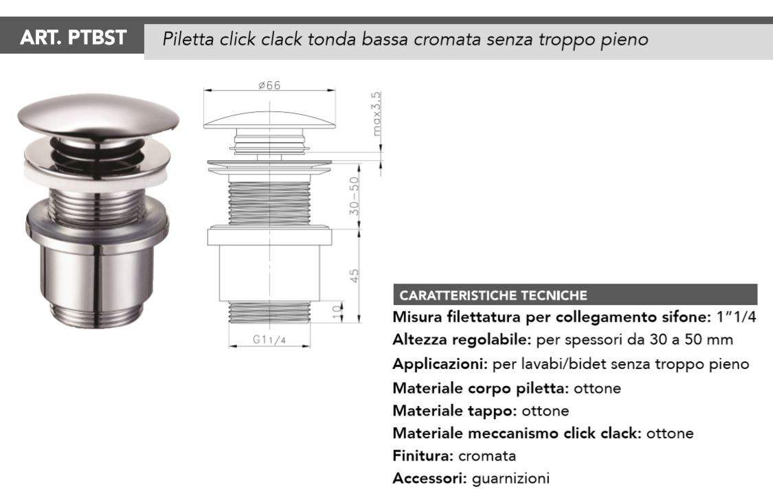 Vidage puor lavabo - bidet version click-clack Tecom PTBST - Chromé - 2