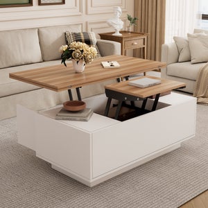 Table Basse Relevable Avec Rangement - 100x50x47.5-62 Cm, Bois & Noir | Plateau Relevable + 2 Tiroirs