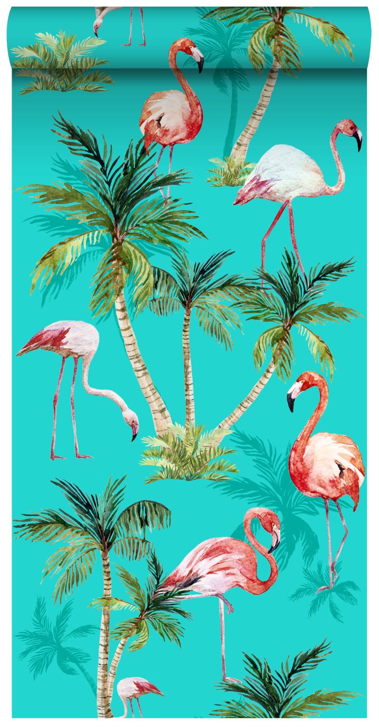 Papel pintado xxl flamencos turquesa, verde y rosa - 50 x 900 cm - estahome