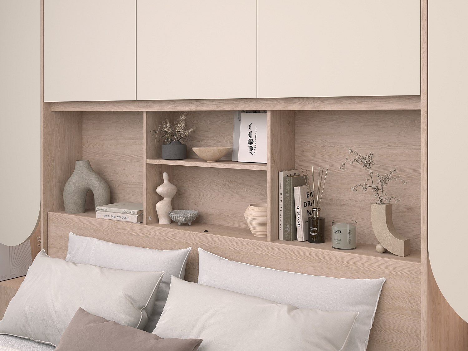 Pont de lit avec rangements – Avec LEDs – L266 cm – Beige et naturel - DOMELITO - 7