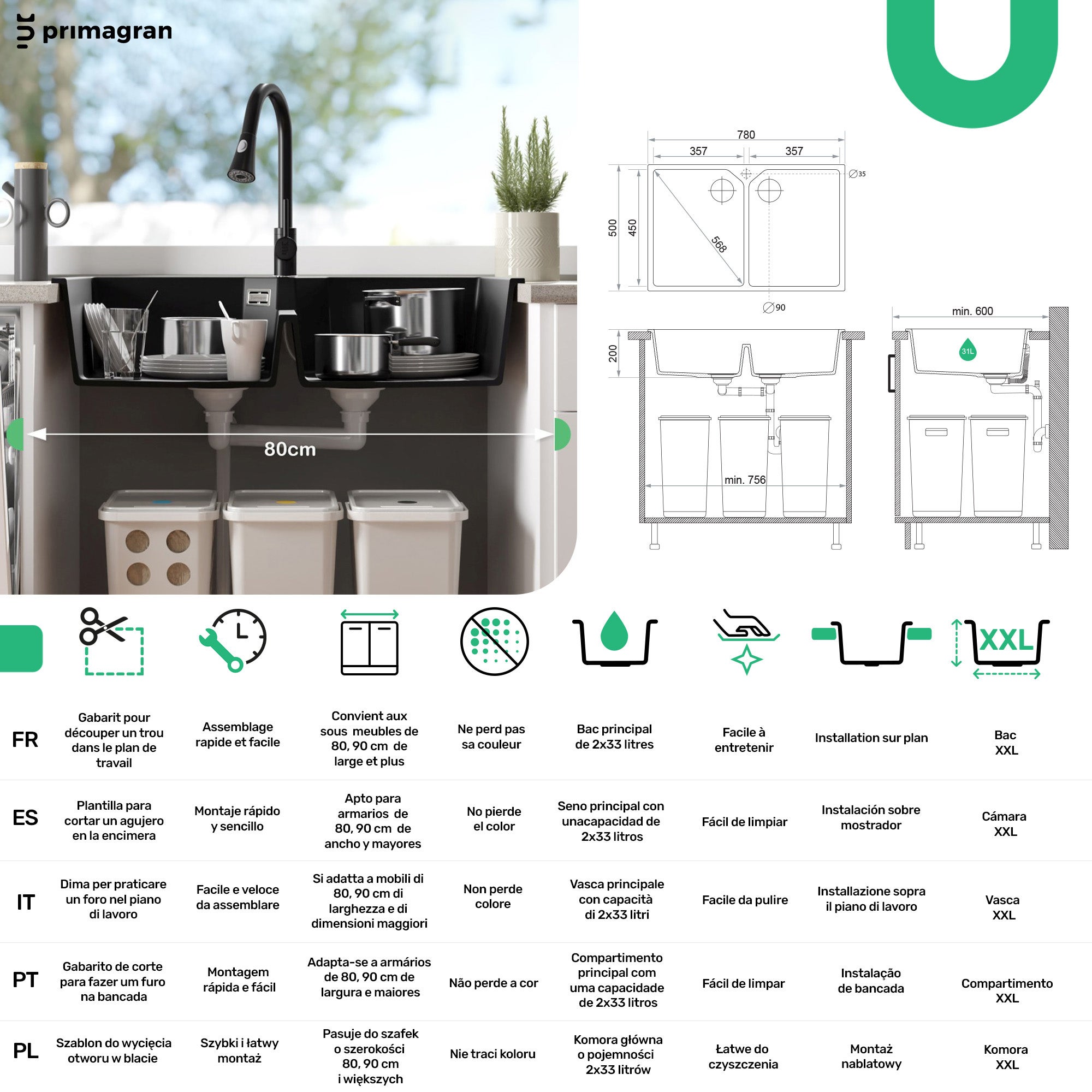 Lavandino da Cucina Bianco 78x50cm, Lavello in Granito a 2 vasche + Sifone Classico + Accessori, Lavabo da Cucina Incasso al mobile 80cm PRIMAGRAN - 6