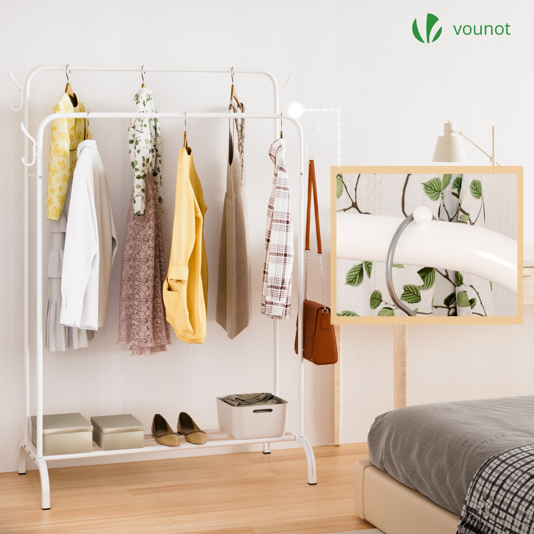 Portant a Vetements Double avec etagere Chaussures 4 Crochets Lateraux 110x58x150cm metal Blanc VOUNOT® - 4