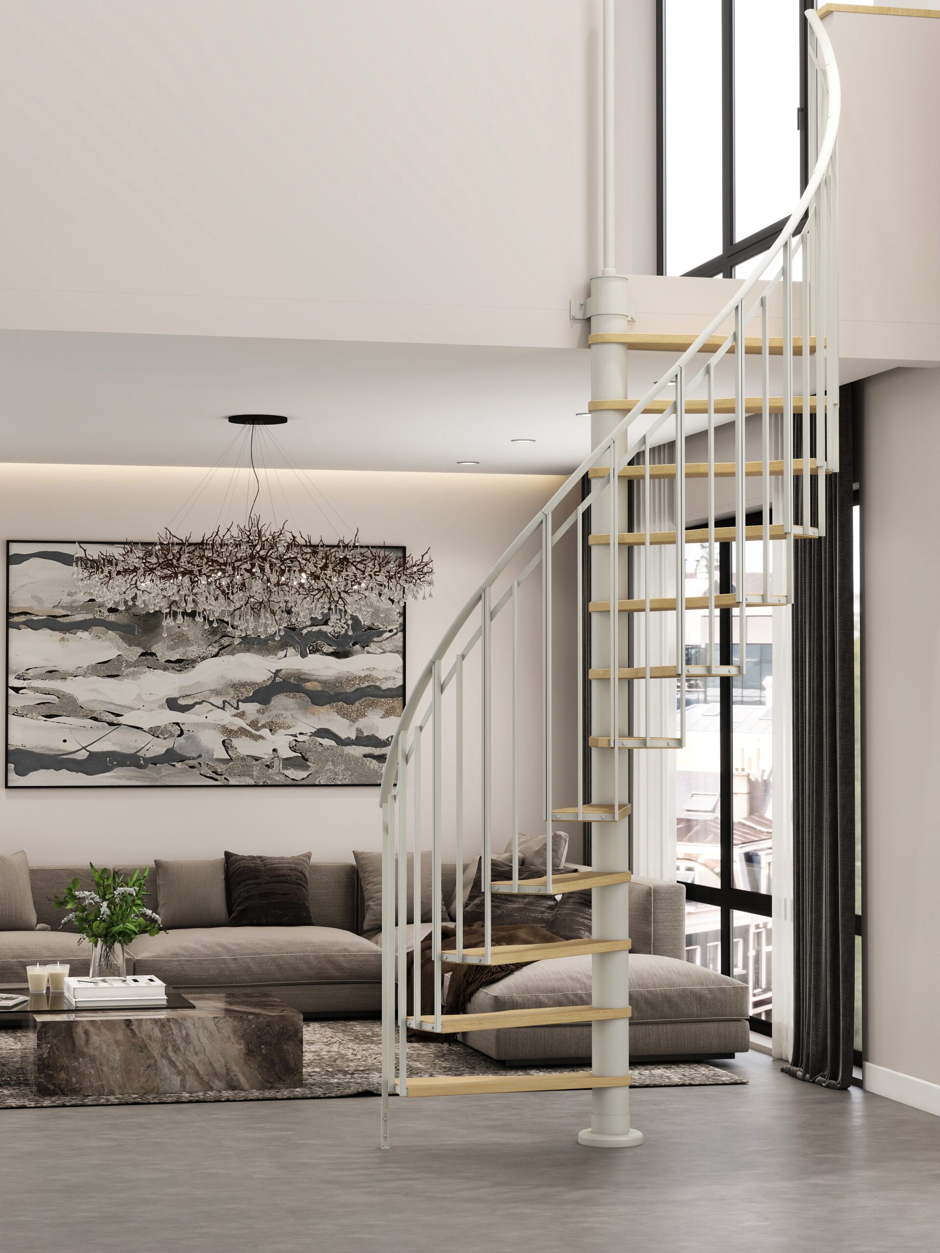 Escalera de caracol siena - ø 145 cm - bisagra a la derecha - altura 273 cm - 12 peldaños de haya - gris