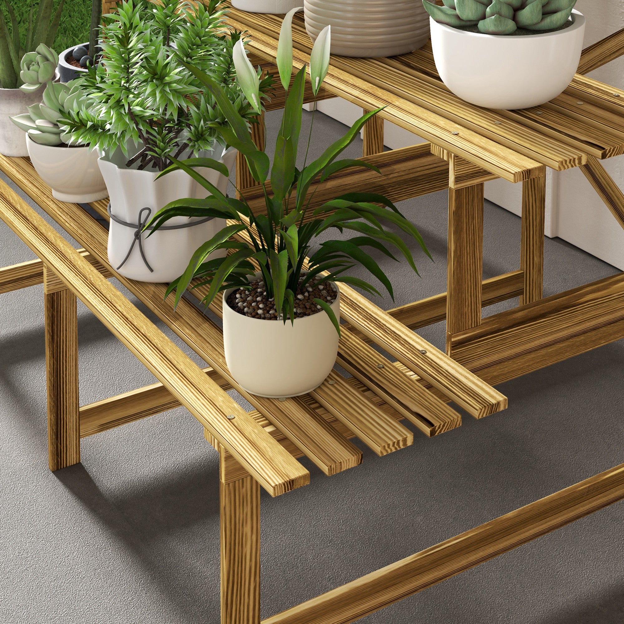 Escalier à plantes étagère à fleurs 3 marches en bois de sapin 120x80x78cm pour jardin balcon et terrasse - 7