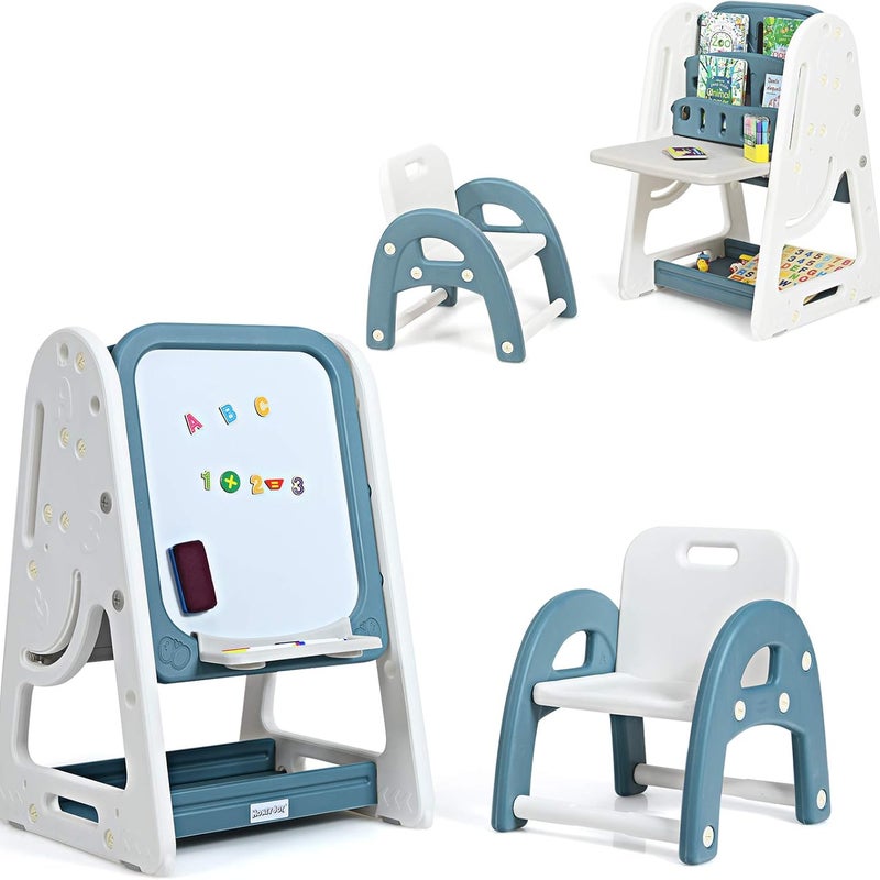 2 w 1 Dwustronna Tablica Magnetyczna dla Dzieci z Składanym Biurkiem i Stołkiem, Zestaw Stołu i Krzesła, Regulowana w 3 Poziomach (Niebieska)