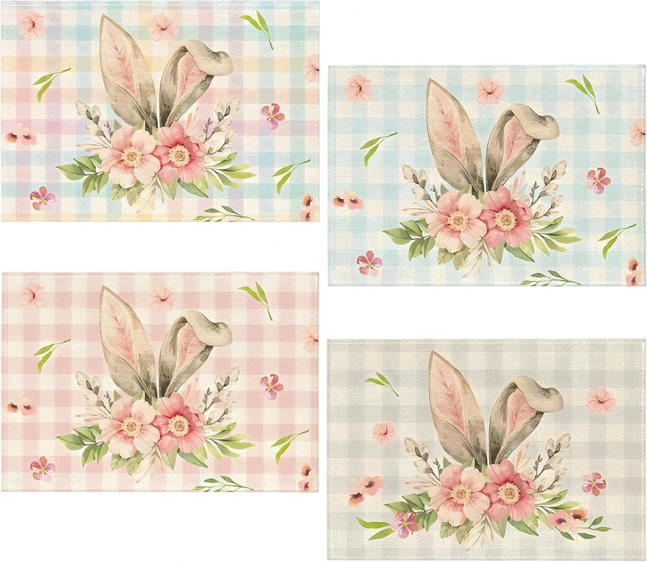 Zestaw 4 podkładek wielkanocnych, podkładki z motywem kwiatowym, uszami królika i wzorem bawołu, zmywalne lniane podkładki z motywem królika, wiosenna