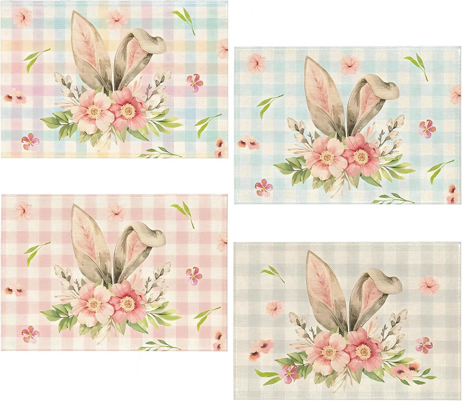 Zestaw 4 podkładek wielkanocnych, podkładki z motywem kwiatowym, uszami królika i wzorem bawołu, zmywalne lniane podkładki z motywem królika, wiosenna