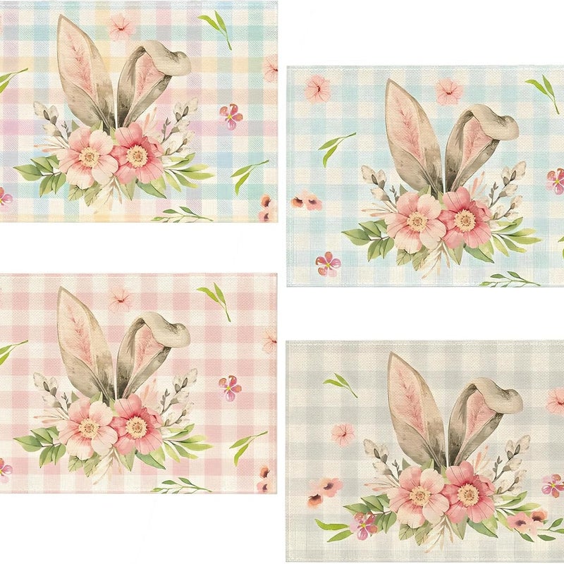 Zestaw 4 podkładek wielkanocnych, podkładki z motywem kwiatowym, uszami królika i wzorem bawołu, zmywalne lniane podkładki z motywem królika, wiosenna