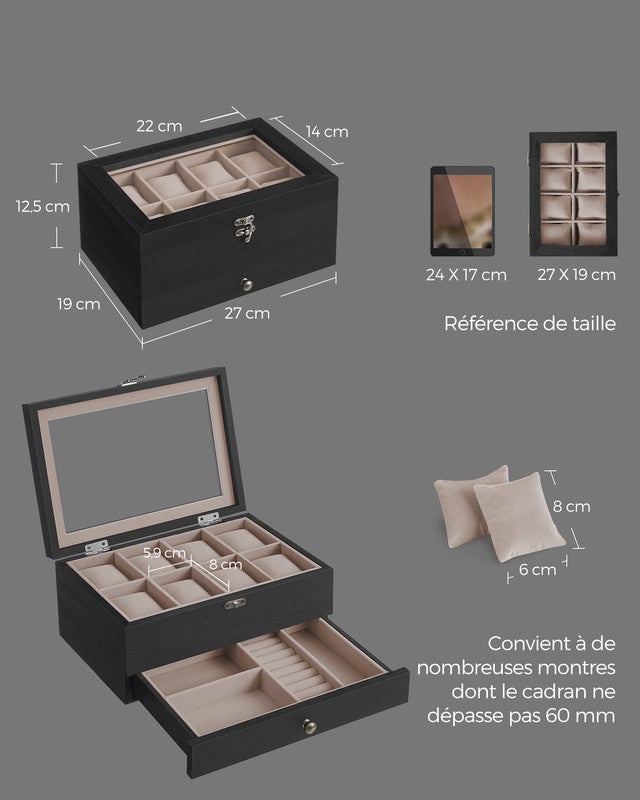Boîte à Montres 8 Emplacements, Écrin à Montres en Bois, avec Couvercle en Verre, Coussinets pour Montres, Doublure en Velours, Noir Boisé - 5