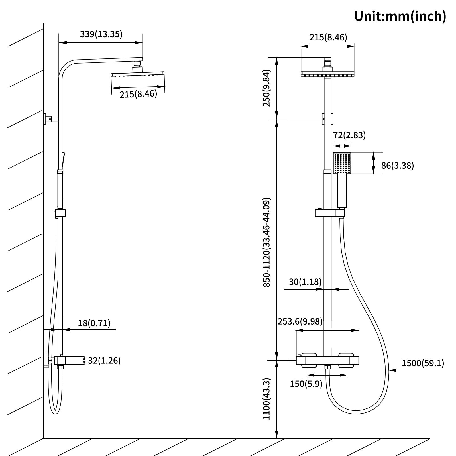 Coluna Duche Preta com Misturadora Termostática em Latão,Conjunto Duche Quadrado 215x215mm,Barra Inoxidável,Altura Ajustável 1100 -1370mm - 6