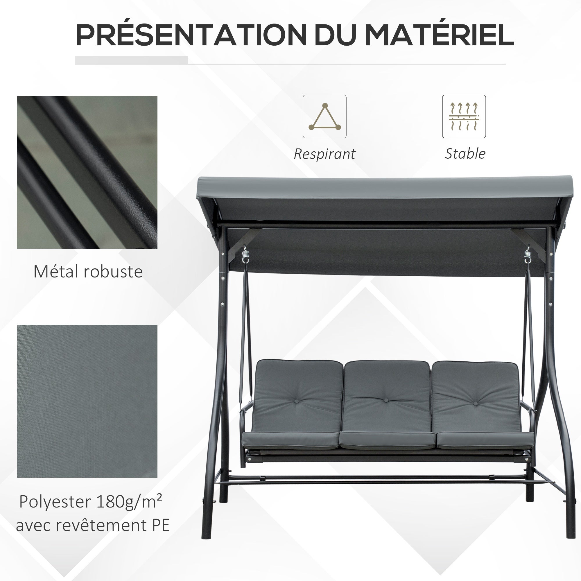 Balancelle de jardin 3 places convertible matelas fourni gris métal noir - 7