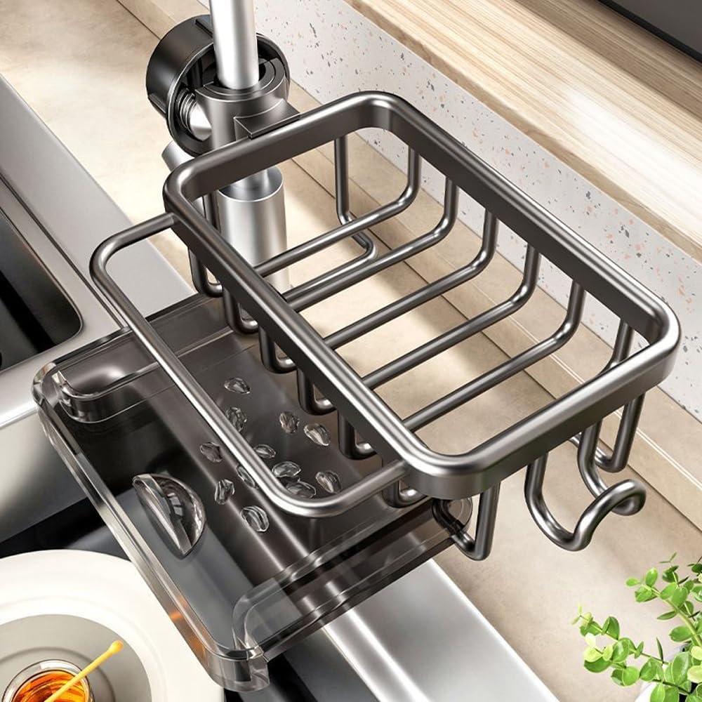 Uchwyt prysznicowy z pistoletem spustowym, szary, 26*11*6 cm, 1 sztuka, aluminiowy, bez wiercenia, pojemnik na mydło, kuchenny kosz spustowy