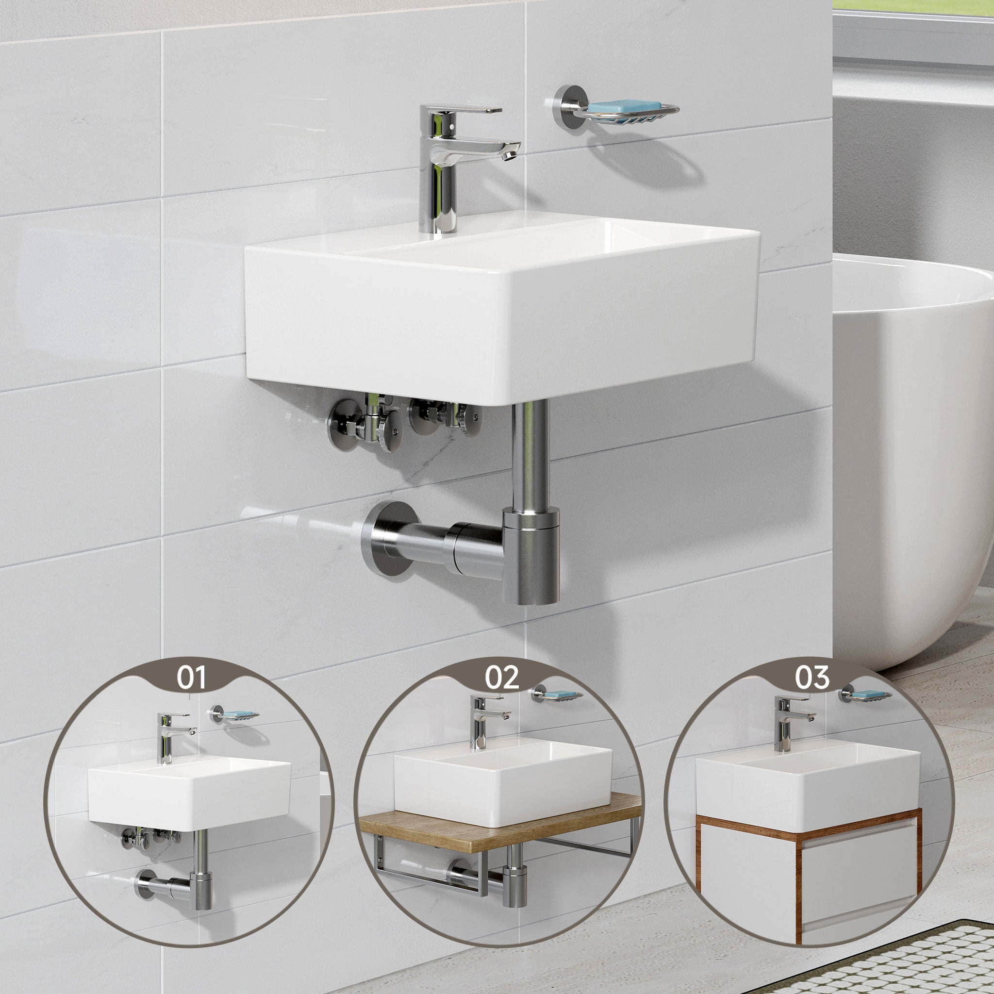 HOROW Lavabo sospeso in ceramica, rettangolare, con foro per rubinette, senza foro di troppo pienoo, per piccoli bagni per gli ospiti 39 x 30 cm - 2