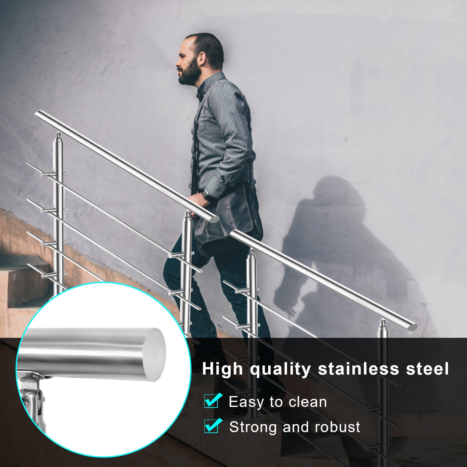 Parapetto corrimano in acciaio inox balaustra Parapetto argento 80 cm 3 traverse - 6