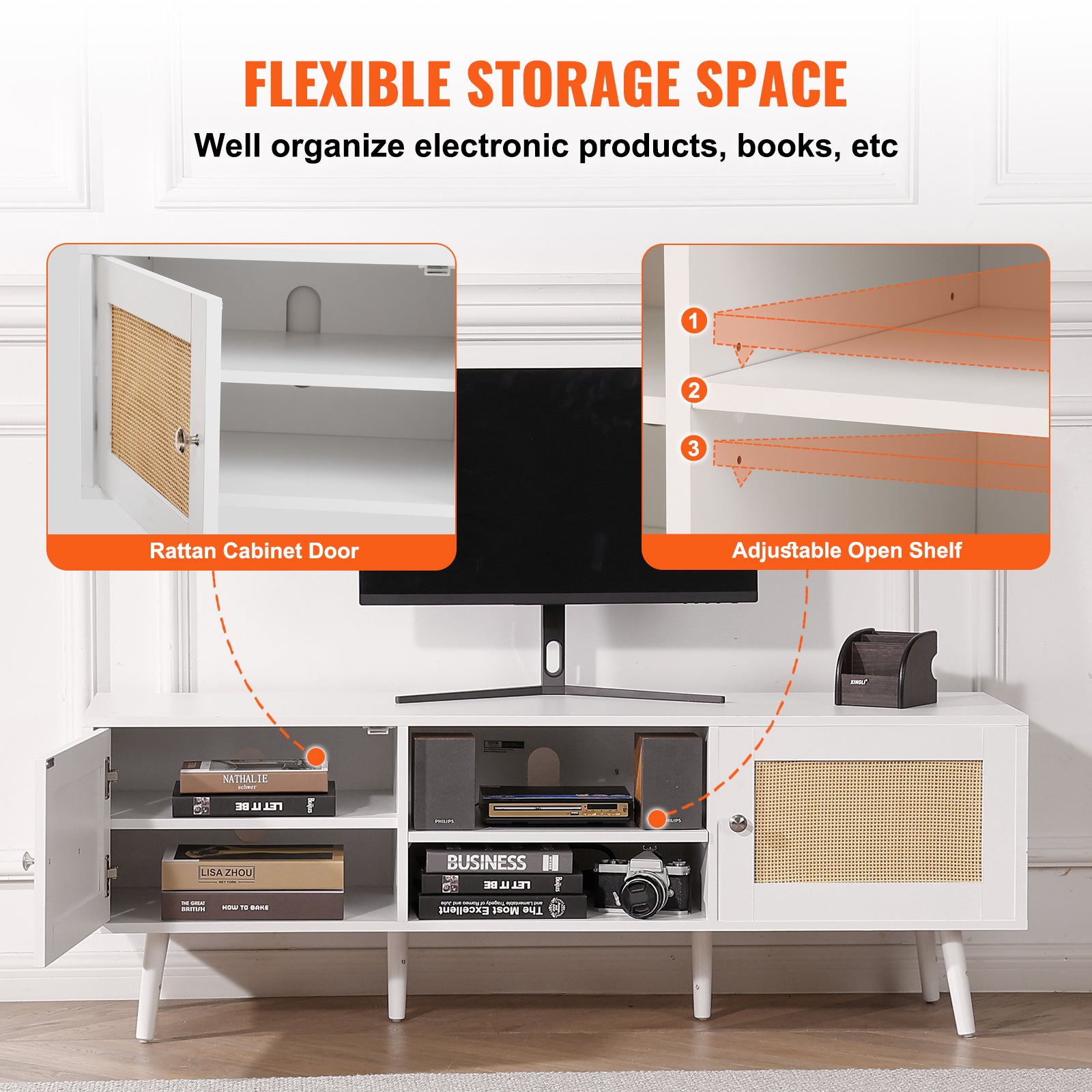 Meuble TV VEVOR en Rotin, pour Téléviseur 65 Pouces, Banc TV Bohème avec Porte en Rotin, Centre de Divertissement avec Prise Intégrée et Ports USB - 5